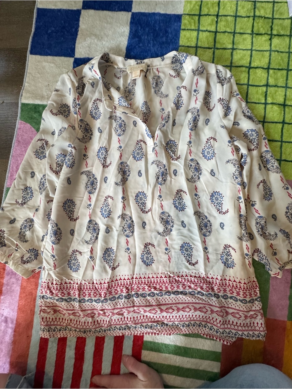 Lucy & Laurel Cream Button-Down Shirt with Blue and Red Paisley